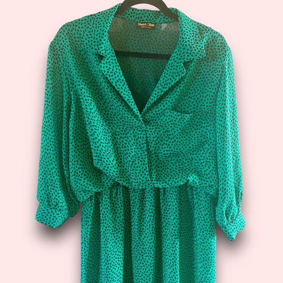Vintage Stuart Alan Green Confetti Print Blouson Dress SZ L - Picture 3 of 12